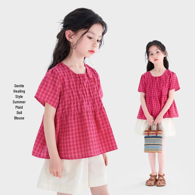 Tutuxiaoxiang Girls  Sweet Plaid Short Sleeve Blouse 160