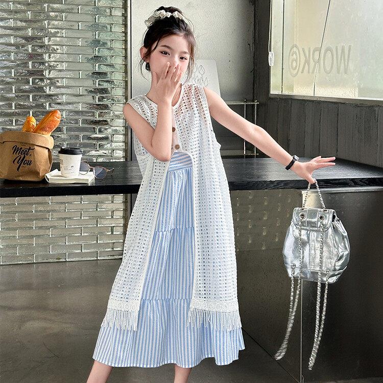 Girls Summer Plaid Cami Dress Set With Hollow Out Cover Up Sweet Vacation Two Piece Outfit For Big Kids 130