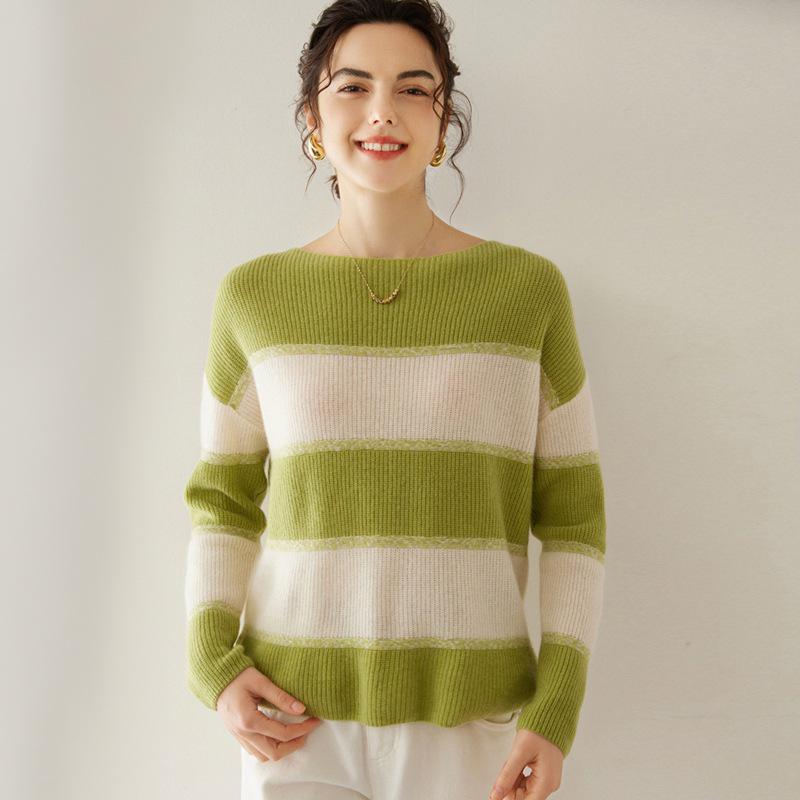Women's Off-Shoulder Striped Cashmere Sweater - Long Sleeve Knit Pullover