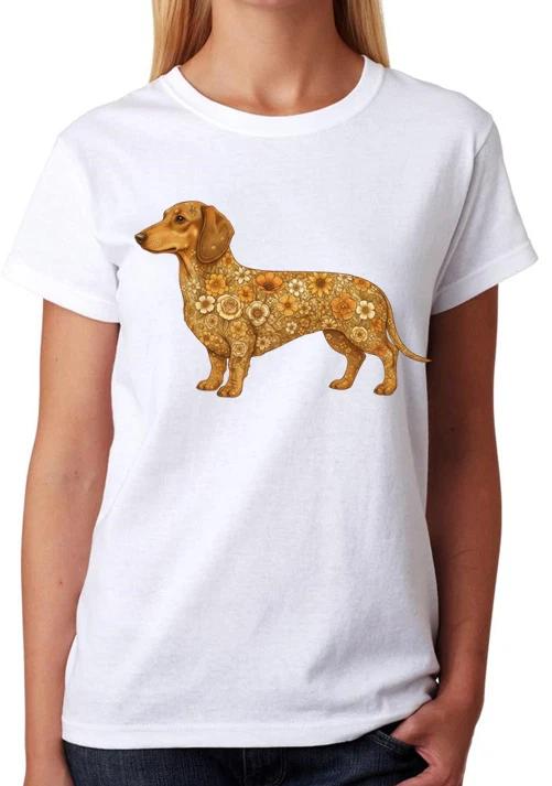 Floral Dachshund Dog Artwork Ladies T-Shirt Sausage Dog Women s Tee XL