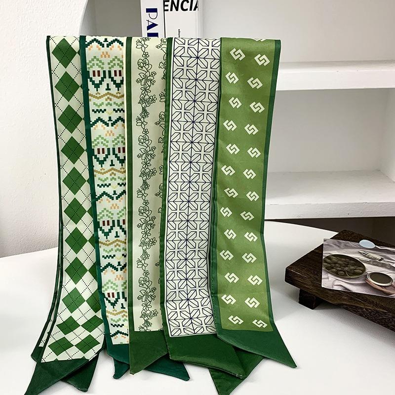 Silk scarf, long strip, high-end green tie, thin and narrow scarf, hair tie bag, decorative streamer, gift box, ribbon, waist belt.