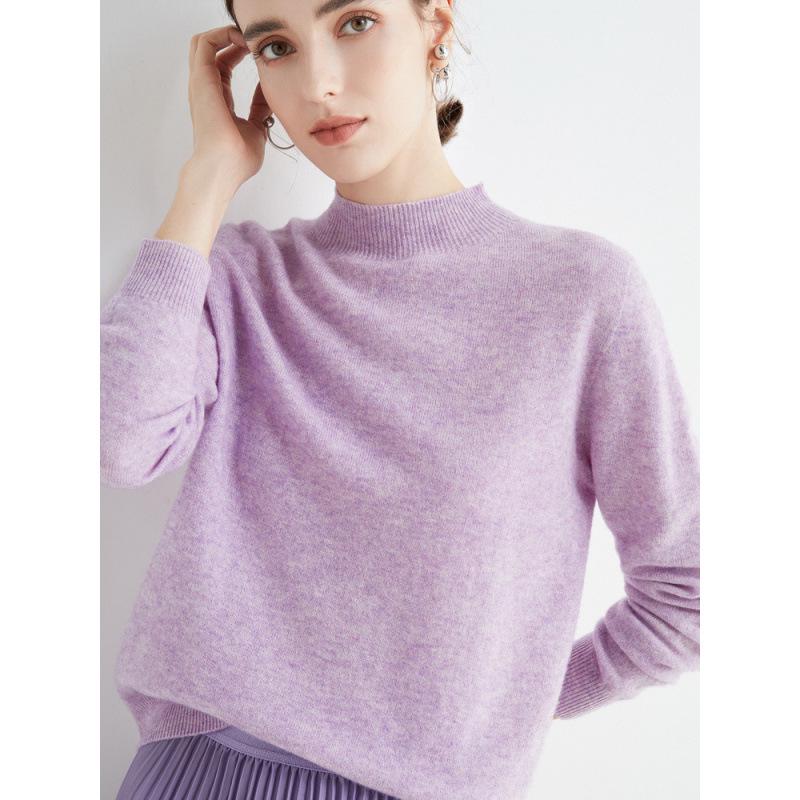 Women's Slim-Fit Autumn Sweater, Fashionable Half-High Neck, Versatile Pure Wool for Layering or Outerwear, Skin-Friendly.