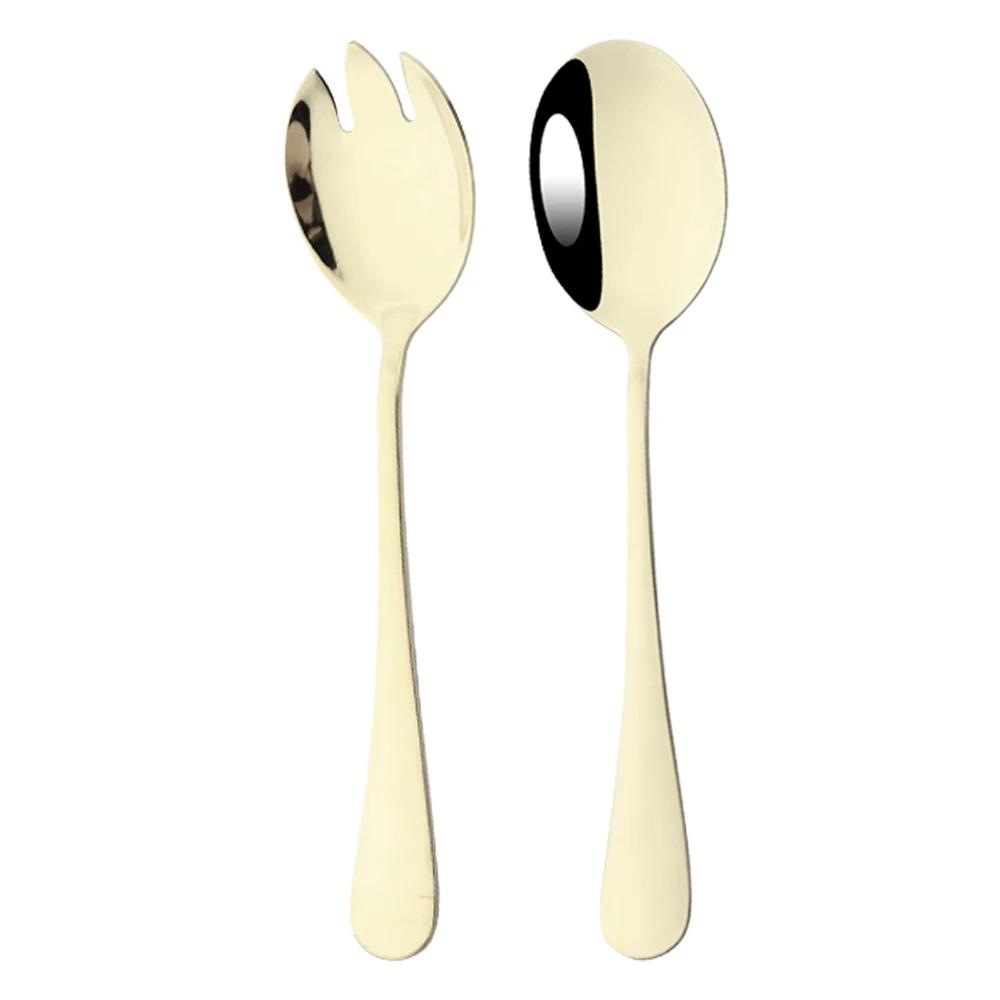 2Pcs Salad Spoon Dinnerware Set Gold Unique Spoon Cutlery Set Salad Fork Stainless Steel Tableware Party Serving Spoon Flatware