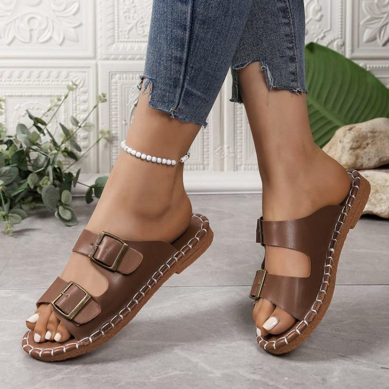Fashion Women Slippers Slip-On Soft Bottom Sandals Round Toe Double Buckle Slippers Open-Toe Comfortable Leisure Shoes Slides Women