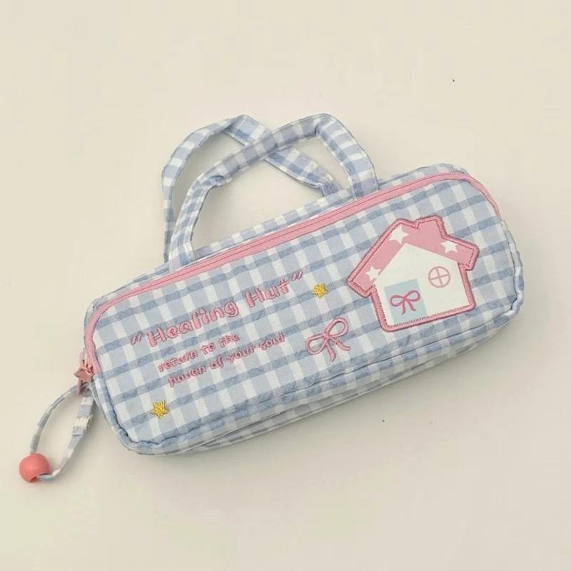 Cute Checkered Pencil Case, Quilted Handheld Stationery Bag with Cute House Embroidery