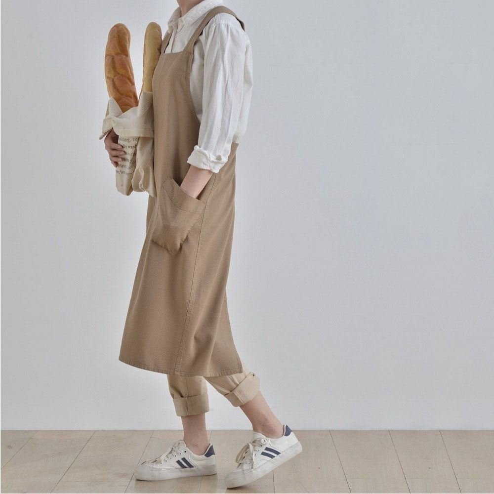 Cross Back Cotton Linen Apron with Pockets Gardening Work Apron Anti-dirty Pinafore Dress  Baking