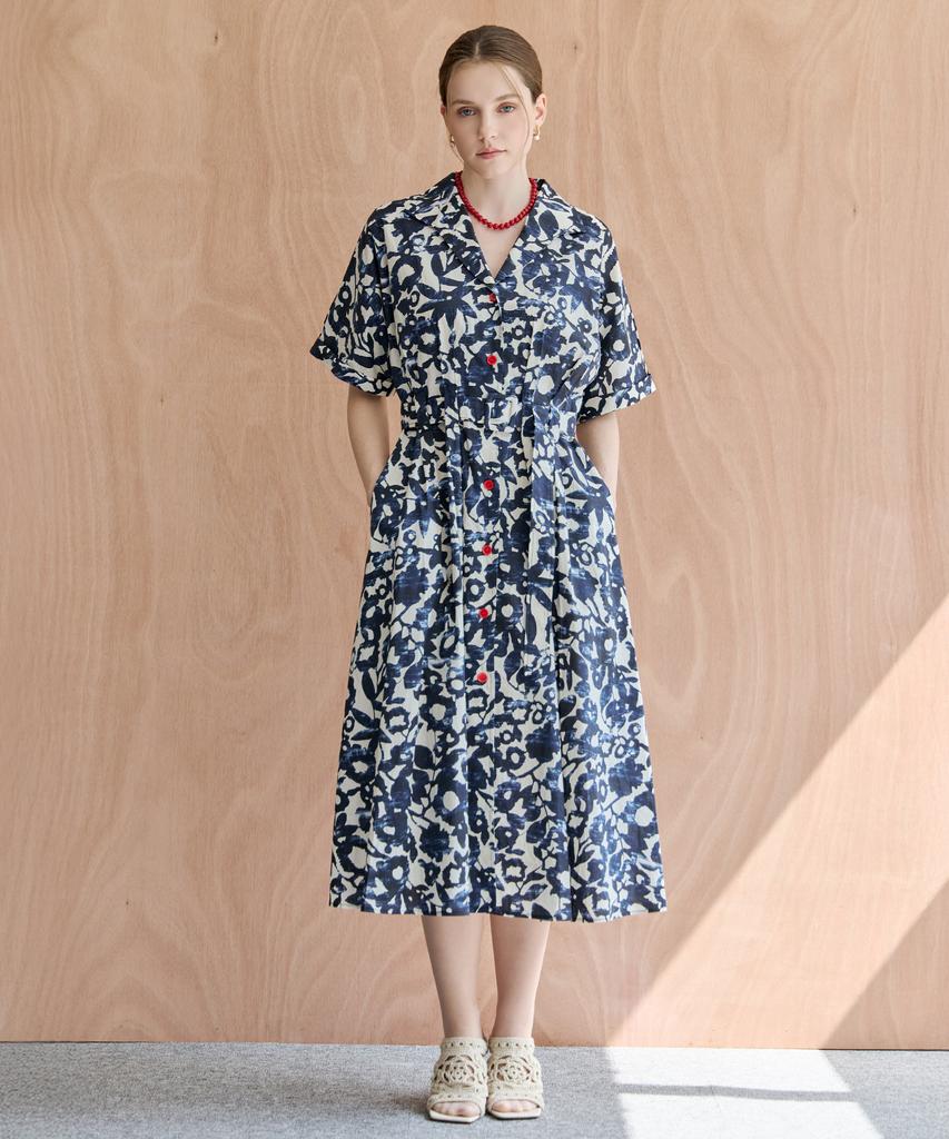 M Graph Art Flower Belted Open Collar Dress