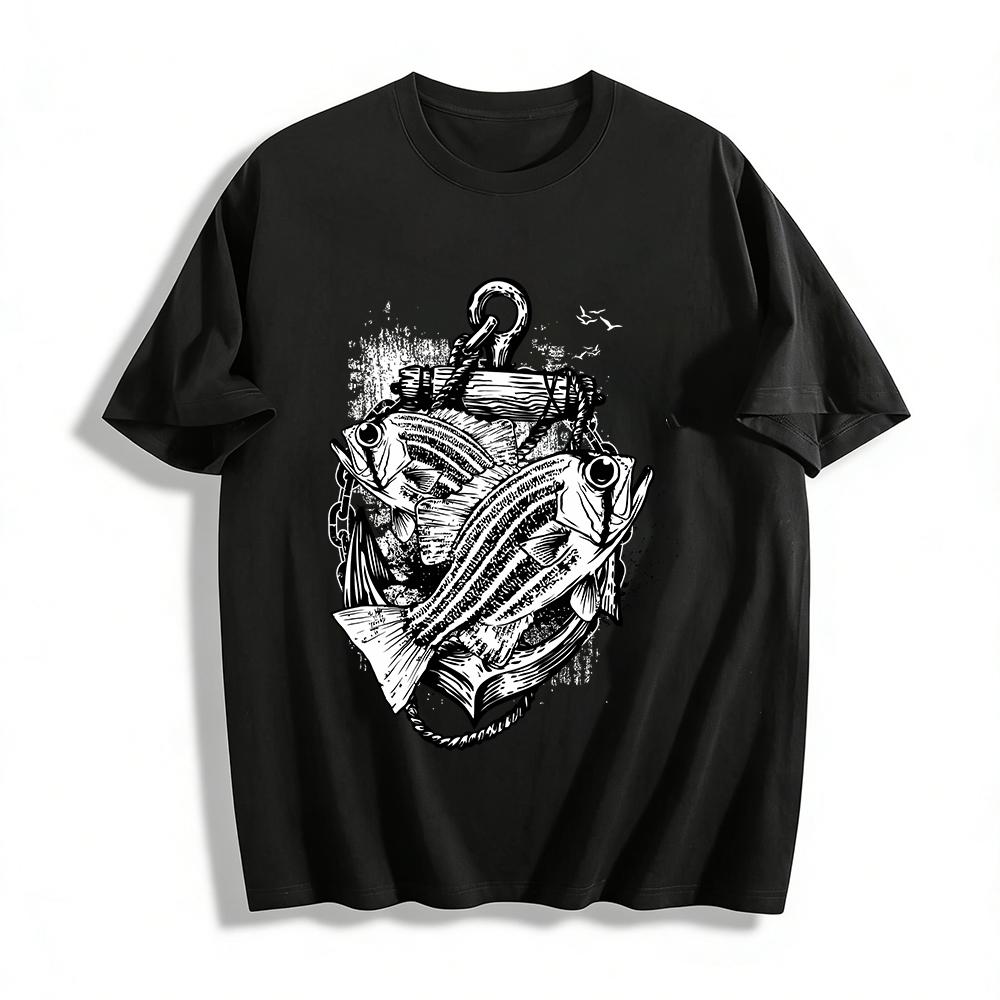 Vintage Anchor Fish Print Casual Short Sleeve T-Shirt Pure cotton T-shirt XXS
