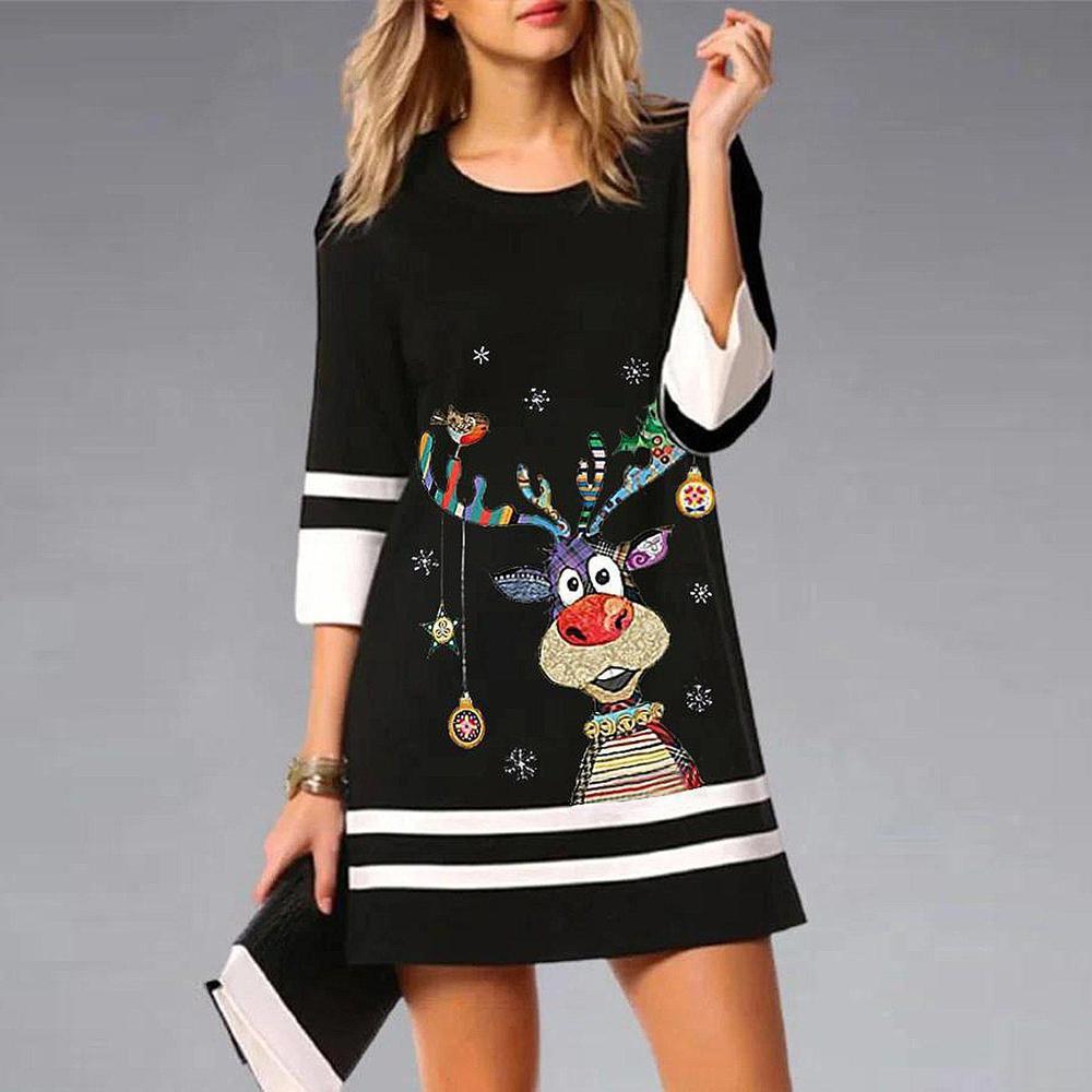 2026 Women s Christmas Print 3/4 Sleeve Mini Dress S