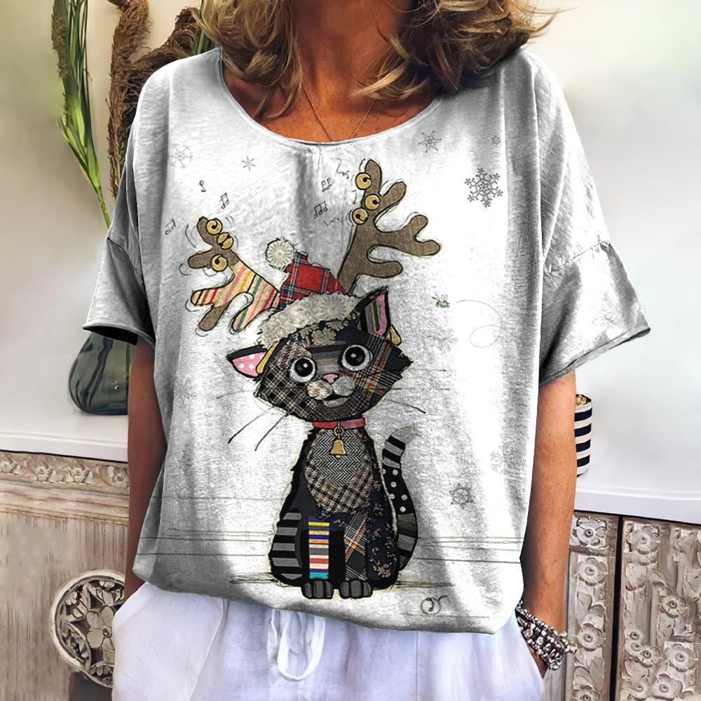 Women's Cat Print T-Shirt, Cute Short-Sleeve Summer Top, Breathable Casual