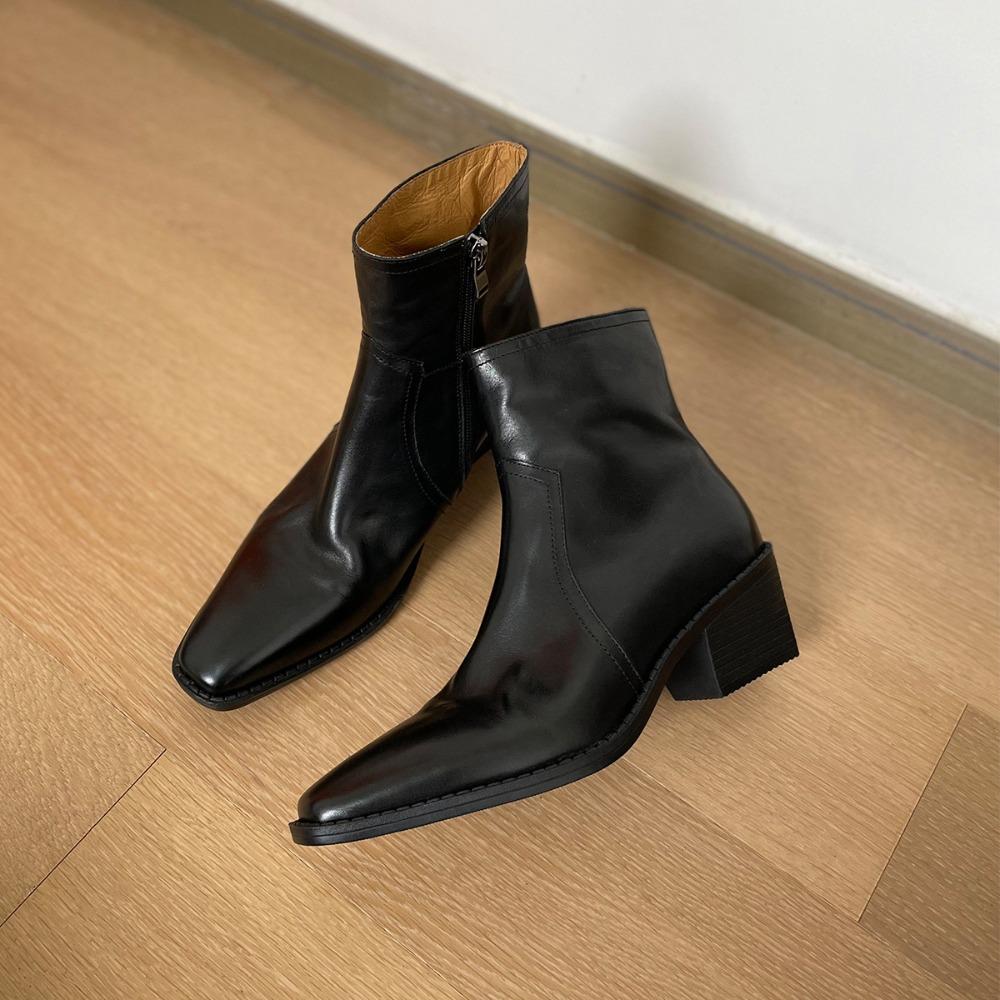 Bootie Women's 2025 New Retro Washed Cowhide Small Square Head Thick Heel Western High Heel Boots British Brown Women's Ankle