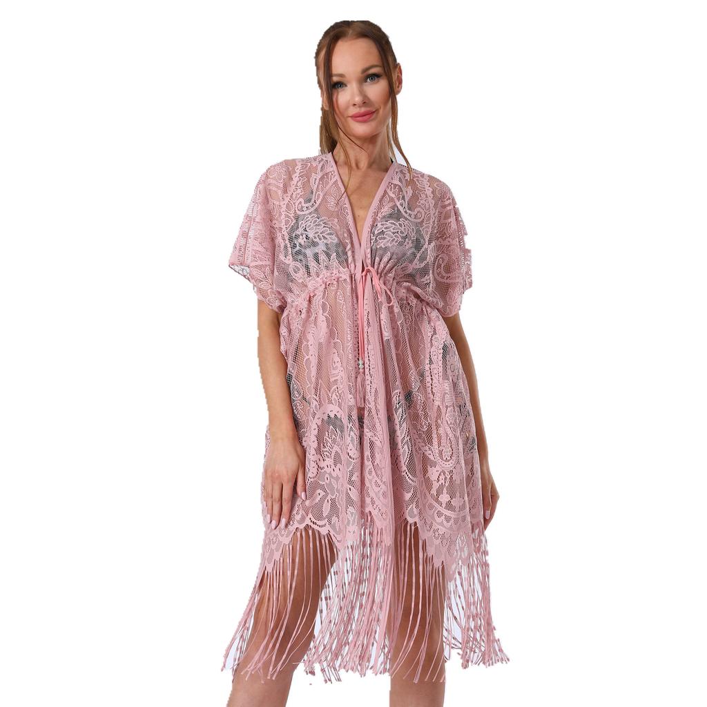 Copricostume da Donna con Nappe Sarong da Spiaggia Vestito Lungo da Spiaggia Pizzo Floreale Kimono Bikini Copricostume