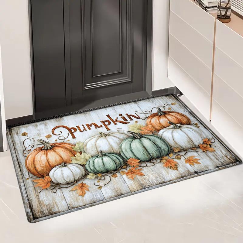 

1pc Festive Pumpkin & Maple Leaf Print Non-Slip Doormat - 0.47inch Thick Flannel, Machine Washable, Comfortable Floor Mat for En 40cm x 60cm