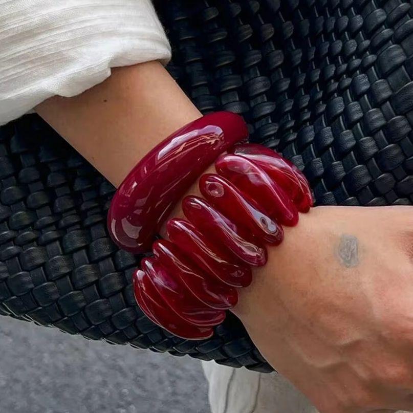 SHIXIN 2 Stili Bracciale Elastico Bangle Resina Acrilica Rosso Vino Retrò per Donne Elegante Rotondo Irregolare Grosso Larga Gioiello Bangle