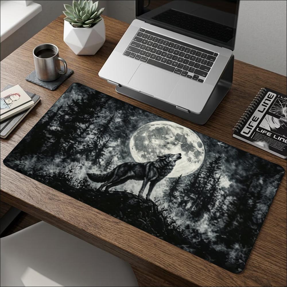 Howling Wolf Under Full Moon Large Desk Mouse Pad Non Slip Rubber Keyboard Mat Desktop Decor For Office Laptop Gaming Setup