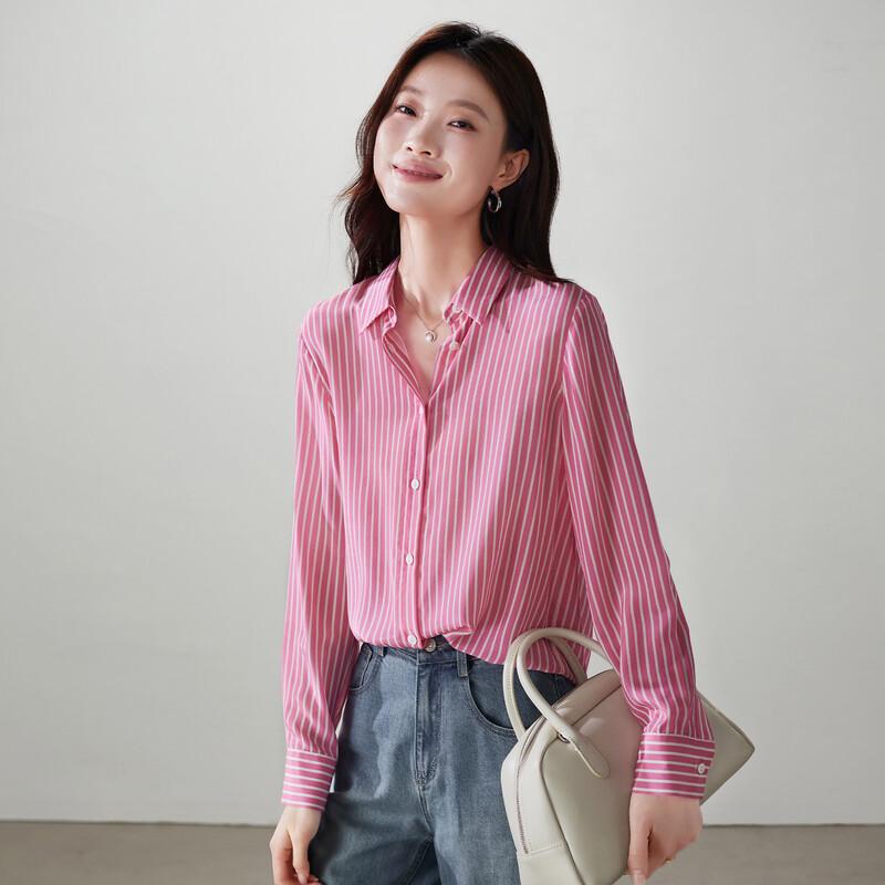 SOFSIL 2026 Spring Pink Striped Silk Long Sleeve Shirt M