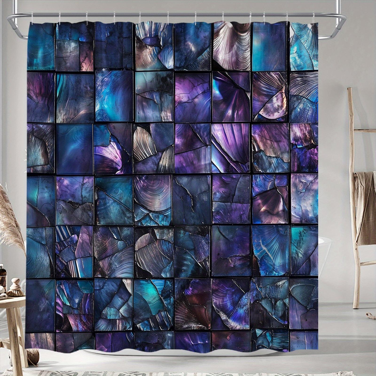 1pc Abstract Digital Art Bath Curtain with Iridescent Deep Blues, Purples, and Silvers, Mesmerizing 3D Tile Grid Design W90XH180cm