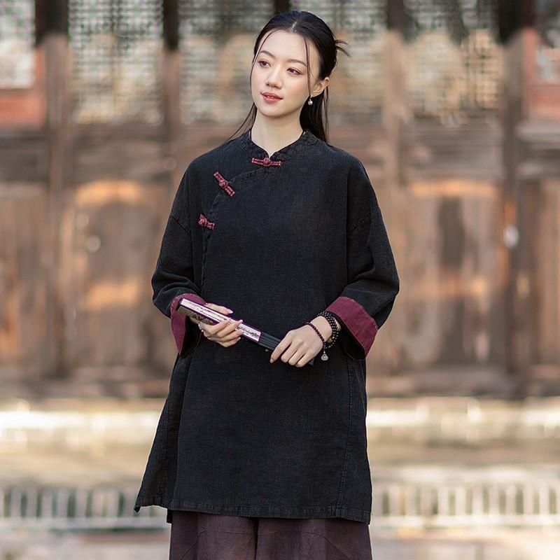 Johnature Women Vintage Shirts Tops Button Spring Chinese Style Solid Color Stand Long Sleeve Blouses