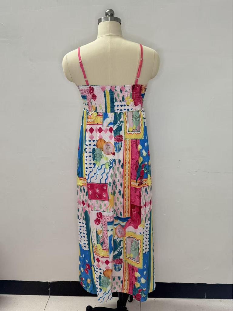 In Stock 2026: Graffiti Print Wide Hem Spaghetti Strap Dress for Women - Casual European & American Style
