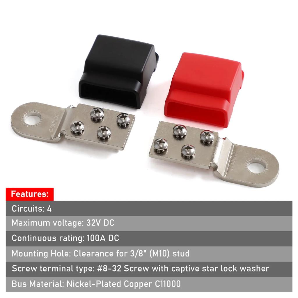 32V 100A 4x10-24" Battery Terminal Mount Tin-plated Copper 2340 Bus Bars with Stainless Screws for Marine Car Boat RV Vehicles