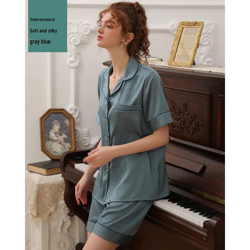 Dream Silk Brocade Summer Ice Silk Pajama Set: Unisex Short Sleeve Two-Piece with Loose Grid Pattern