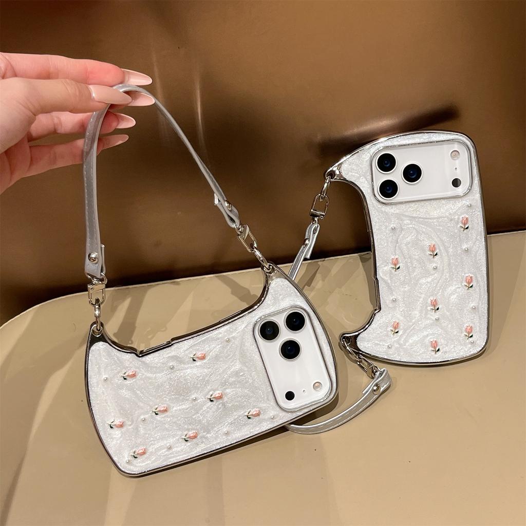 Elegant Pink Rose Pearl Shoulder Phone Case for iPhone 12-17 Series — Adjustable Strap, Mirror Metallic Frame