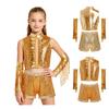 Conjunto de Rendimiento de Baile para Niñas Top Corto Metálico de Lentejuelas Pantalones Cortos de Cintura Alta y Guantes con Borlas para Espectáculo en Escenario Recital Fiesta