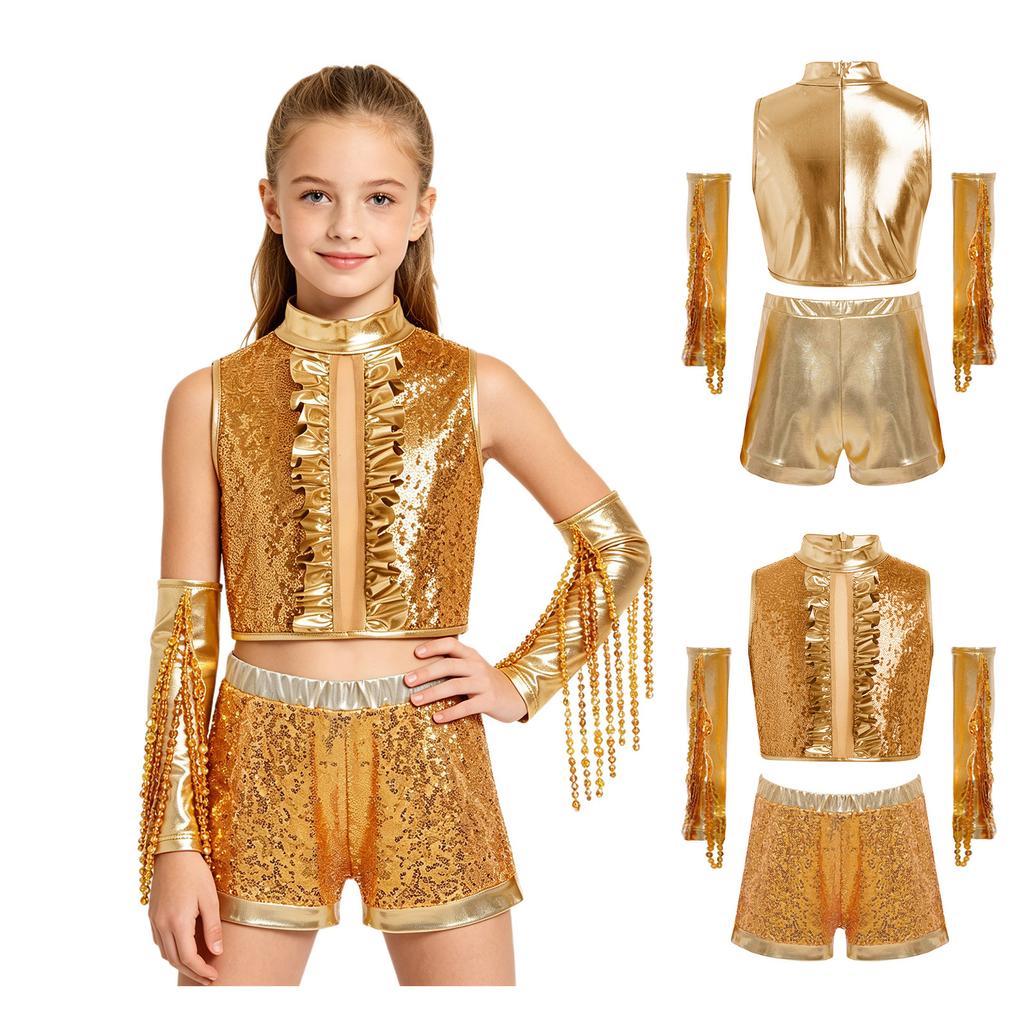 Conjunto de Rendimiento de Baile para Niñas Top Corto Metálico de Lentejuelas Pantalones Cortos de Cintura Alta y Guantes con Borlas para Espectáculo en Escenario Recital Fiesta