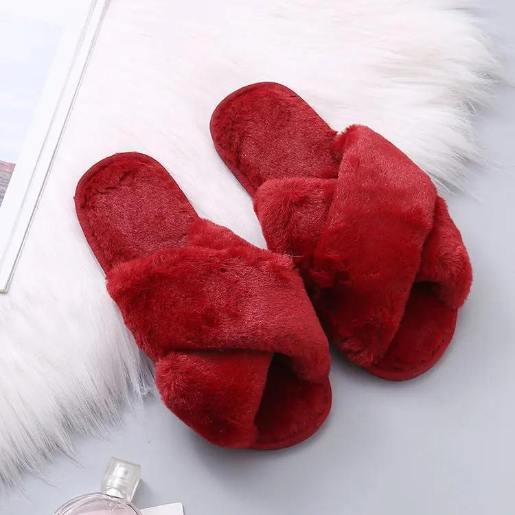 NEW Design Women Winter House Furry Slippers Women Cross Fluffy Fur Home Slides Flat Indoor Floor Shoes Ladies Flip Flops