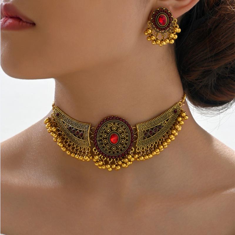 Southeast Asia Indian Ethnic Gemstone Beaded Earrings and Necklace Set