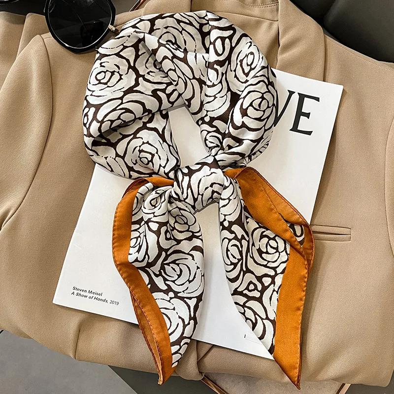 New Floral Print Shawl Design Silk Square Scarf Women Female Wrap Headkerchief Hijab Beach Stoles Hair Band Echarpe Bandana 2023