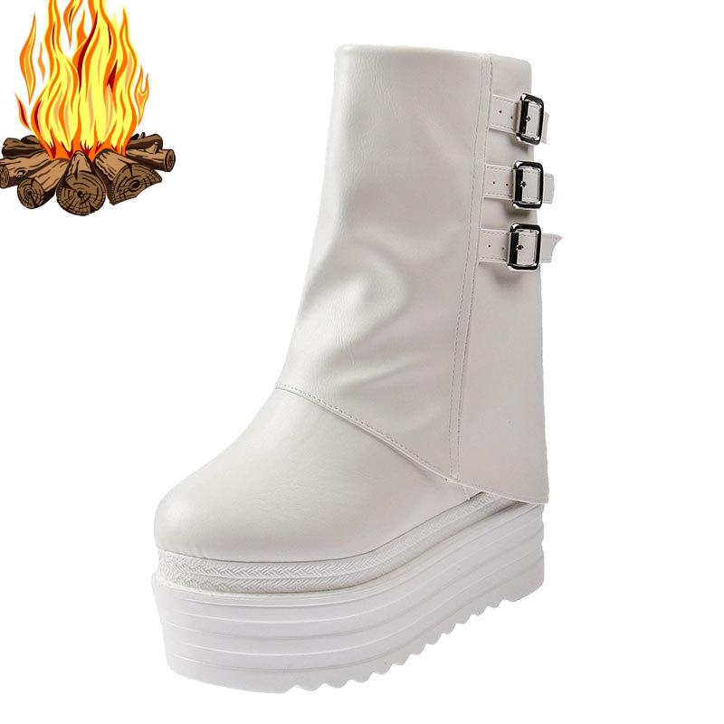 Fashion Spring 13cm Heel Thick Sole Mid-Calf Boots for Petite Women - Black/White Warm Stylish Height-Increasing Smoke Tube Design