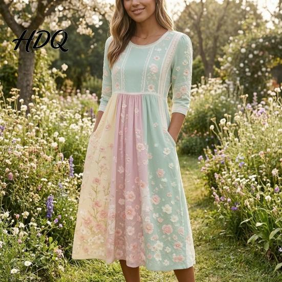 Comfortable Breathable Polyester Dresses Long Sleeve Floral Dress Women Cottagecore Waist Cinching Casual Autumn with Sleeves Midi Dress for Vacation