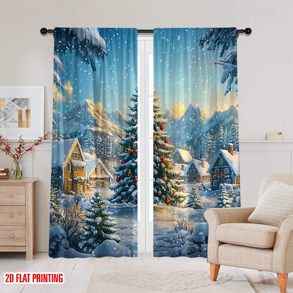 2pcs 2D Flat Printing Merry Christmas Curtain Snow Mountain_ Evergreen Tree_ Golden Star-Winter Lodge Polyester Without