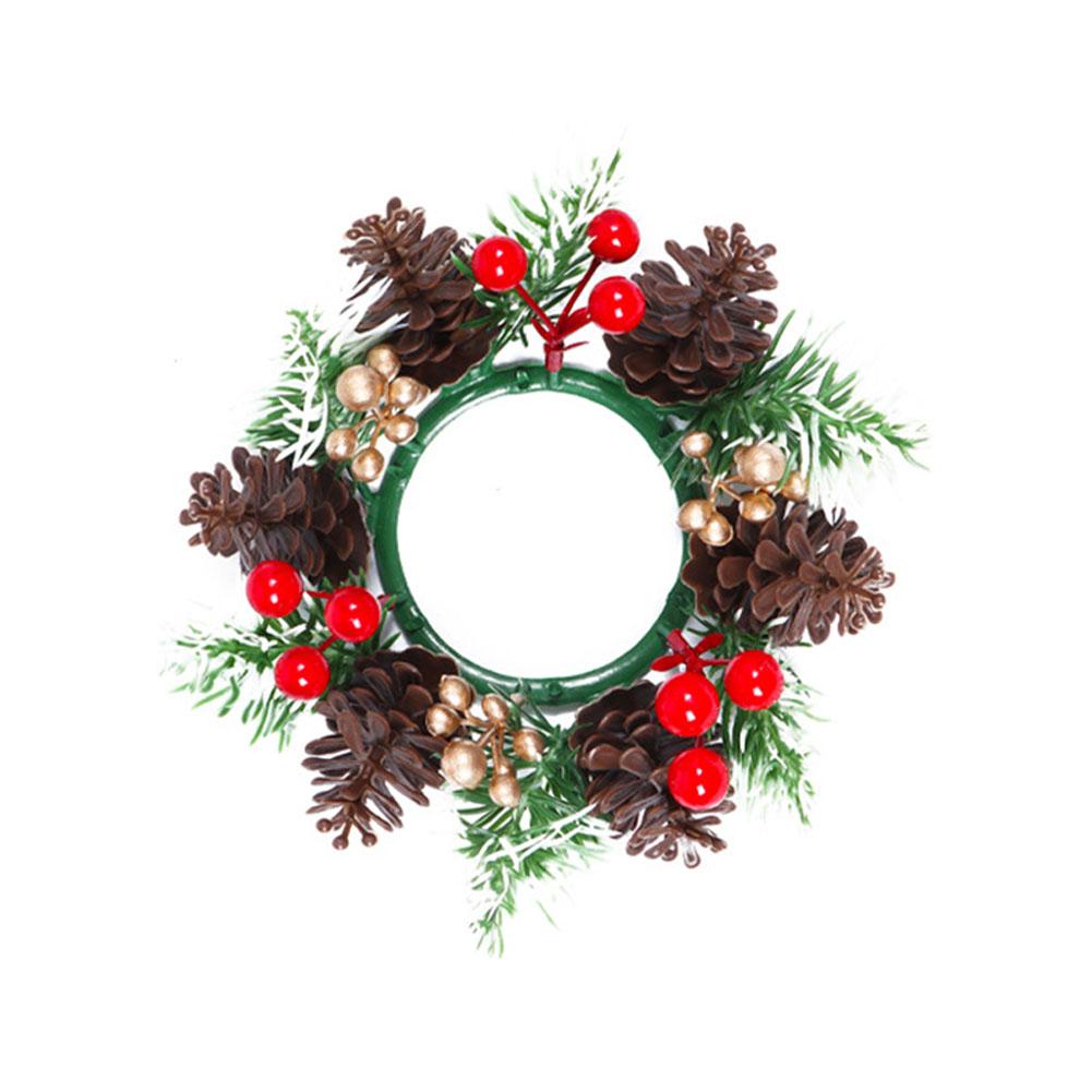 Christmas Candle Rings Wreaths Artificial Norfolk Pine Branches Red Berry Branch Candle Holder Rings Decoration for Centerpieces