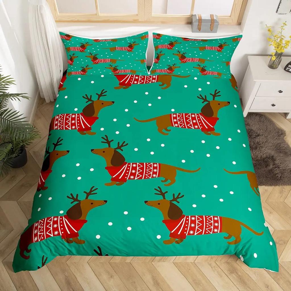 Cartoon Dachshund Bedding Set Cute Sausage Dog Duvet Cover Set Pet Puppy Printed Comforter Cover Animal Polyester Quilt Cover