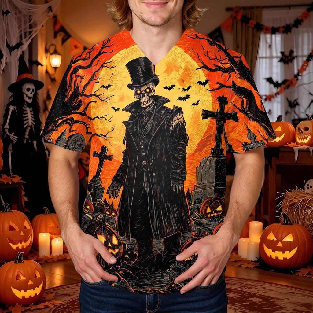 Men's Halloween Print V-Neck Scrub Top with Pockets Comfort Fit for Daily Work