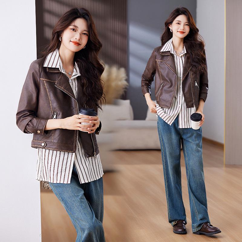 

2024 Осенняя женская мотоциклетная куртка из ПУ кожи - Приталенная, короткая, модная куртка (Модель CL24169) XXL (125-135 jin)