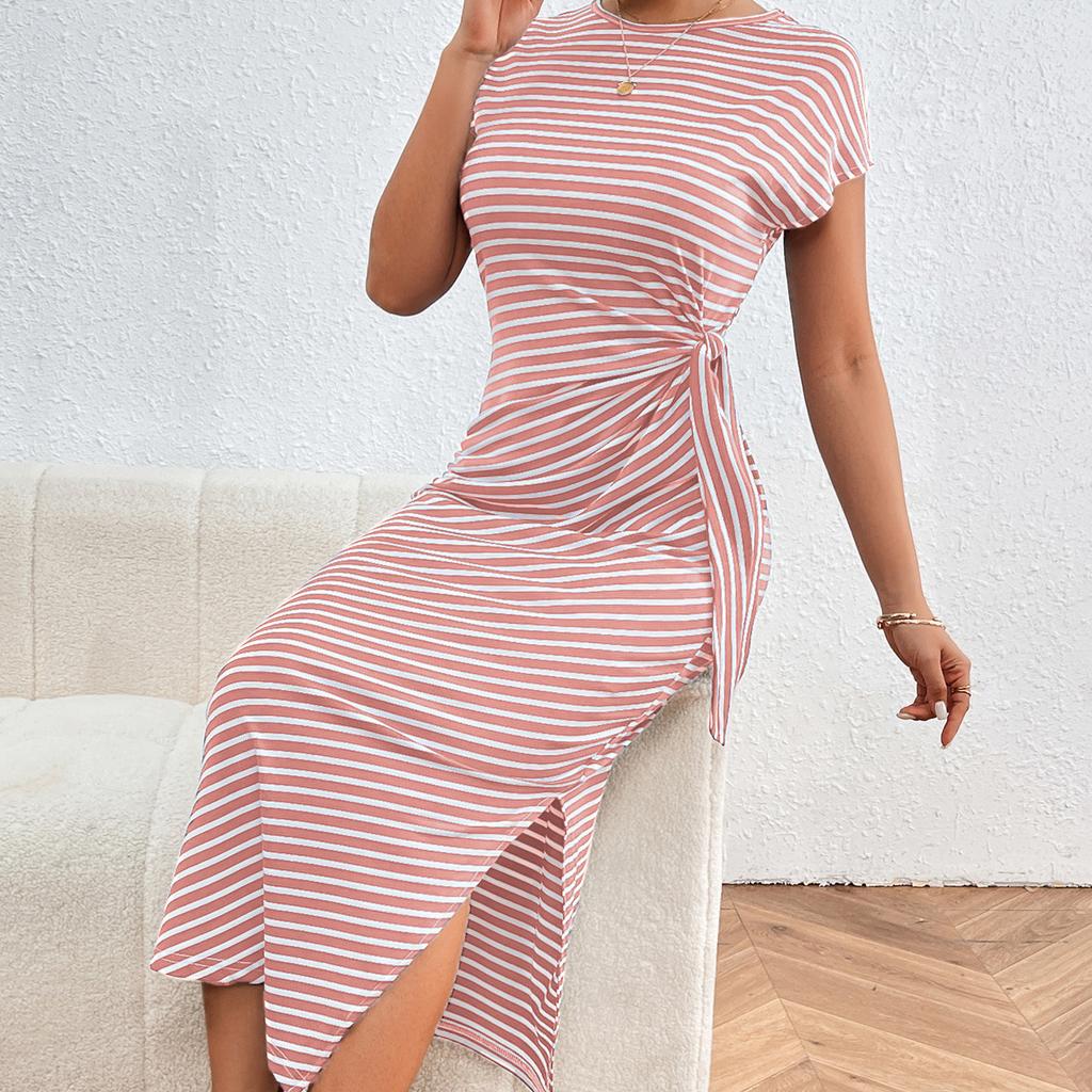 Women's Fashion Summer Spring Stripe Print O-Neck Slim Casual Dresses