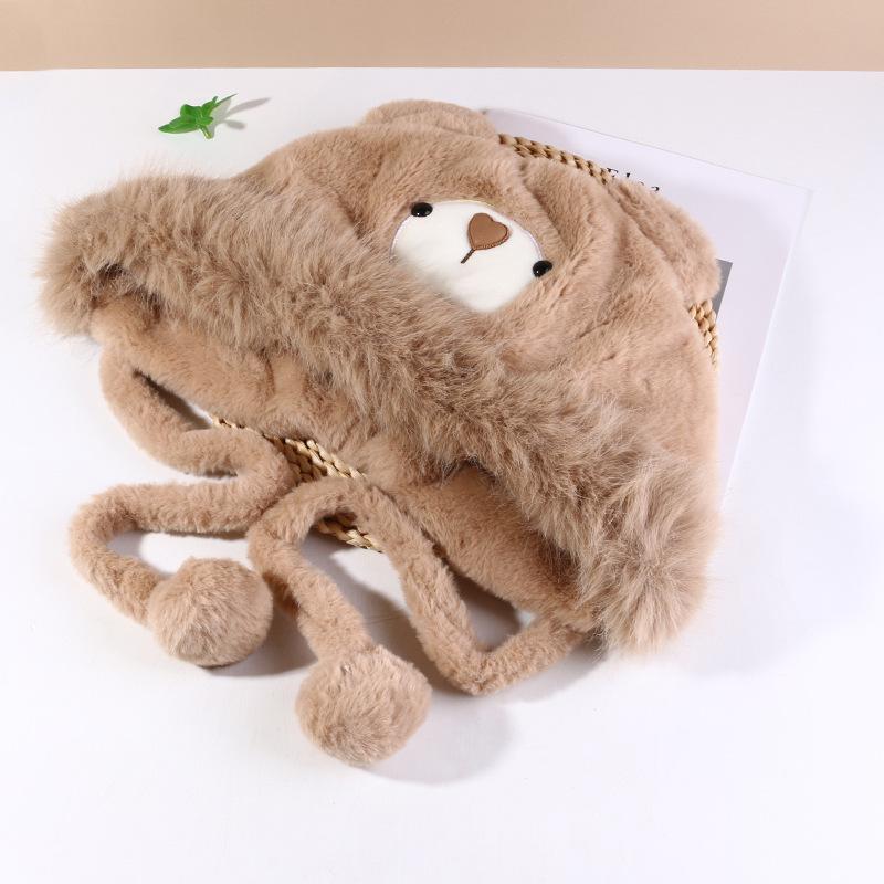 Cute Plush Gloves and Hats for Women  Autumn and Winter Ear Protecting Hats for Cycling To Keep Warm  Thickened Little Bear  Lei Feng Hat Trend