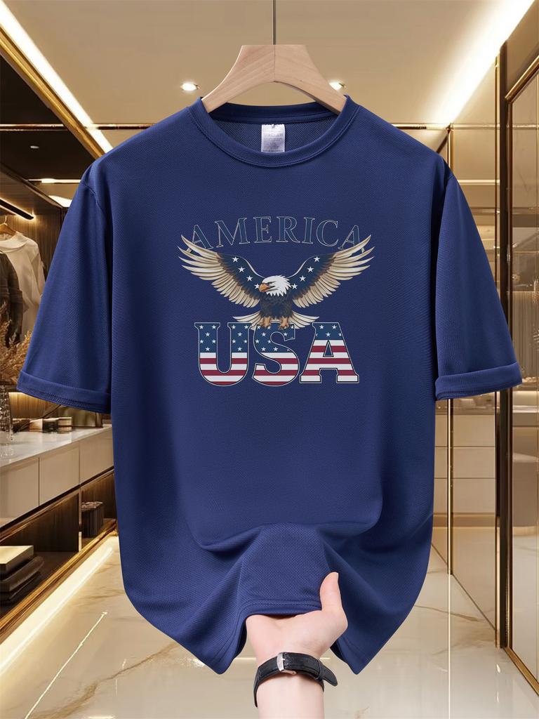 Unisexs Quick Dry Mesh Short Sleeve TShirt Eagle USA American Flag Letter Print Crew Neck Breathable Summer Casual Tee