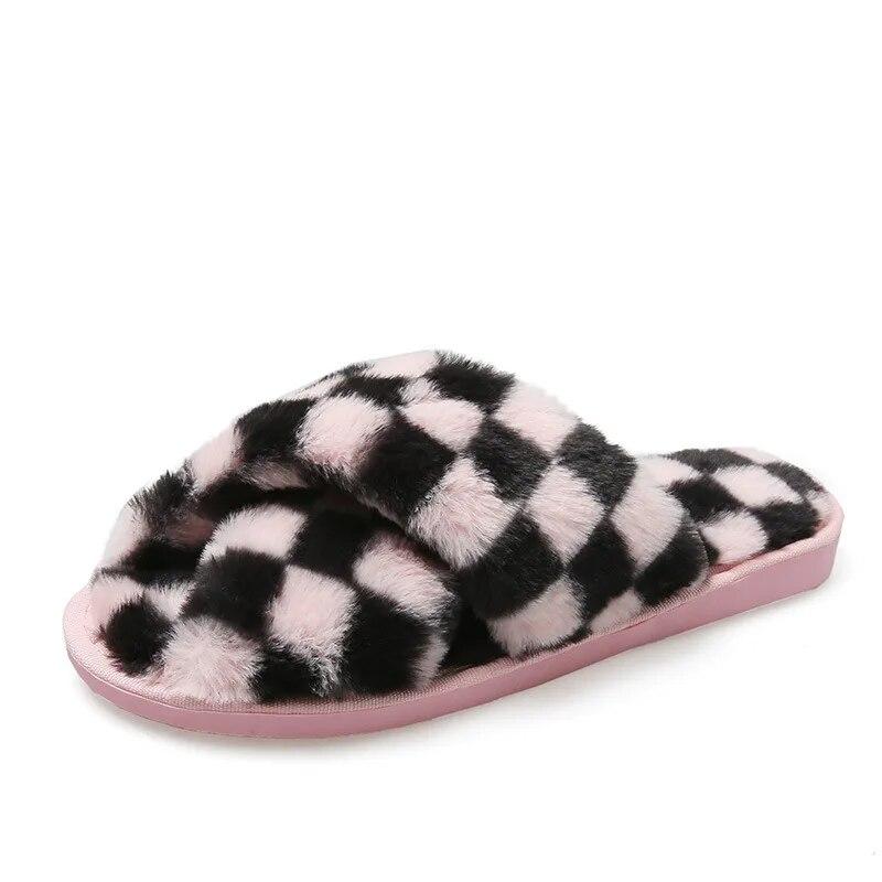 Autumn Winter Women'S Outer Wear Flat-Bottom Sandals Indoor Warm Fluffy Slippers Plaid Comfortable Cross Bunny Fur Slippers