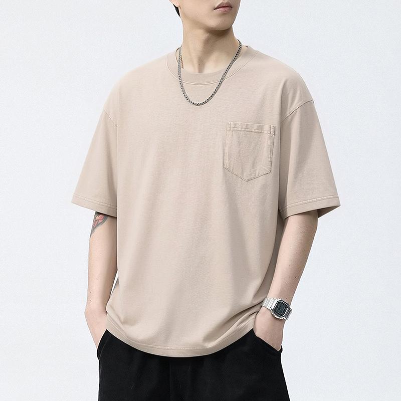 Men's Vintage Washed Cotton T Shirt Crew Neck Short Sleeve Chest Pocket Casual Loose Fit Streetwear Summer Tops