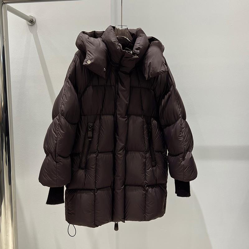 Womens Mid-Length Hooded Puffer Coat With 86-90% White Duck Down Warm Thick Winter Outerwear Loose Fit Elegant Commuter Style