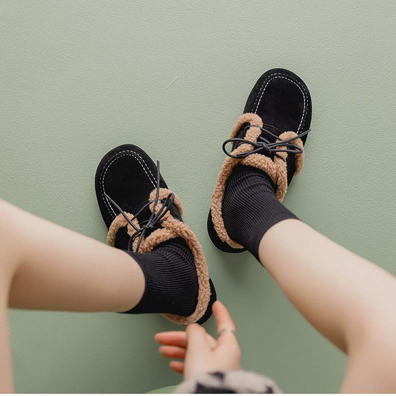 Krazing Pot Suede Fur Spring Autumn Winter Flats Lace Up Women Keep Warm Casual Shoes
