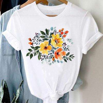 Women Short Sleeve Summer Flower Watercolor 90s Style Cute Lovely Fashion Print Tee Top Tshirt Lady Female Clothing Casual Graphic T-shirt