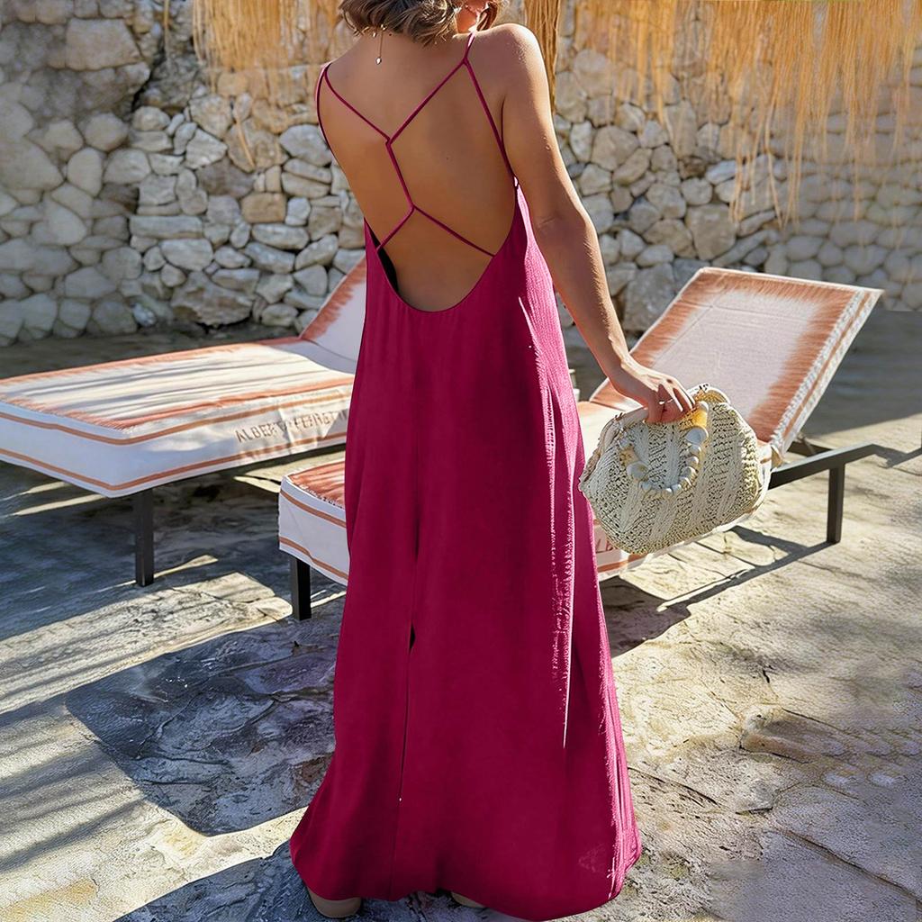 Women's Backless Strapless Dresses, Backless Loungewear Dress, Sleeveless, House Dress, Long Dress With Back Bow