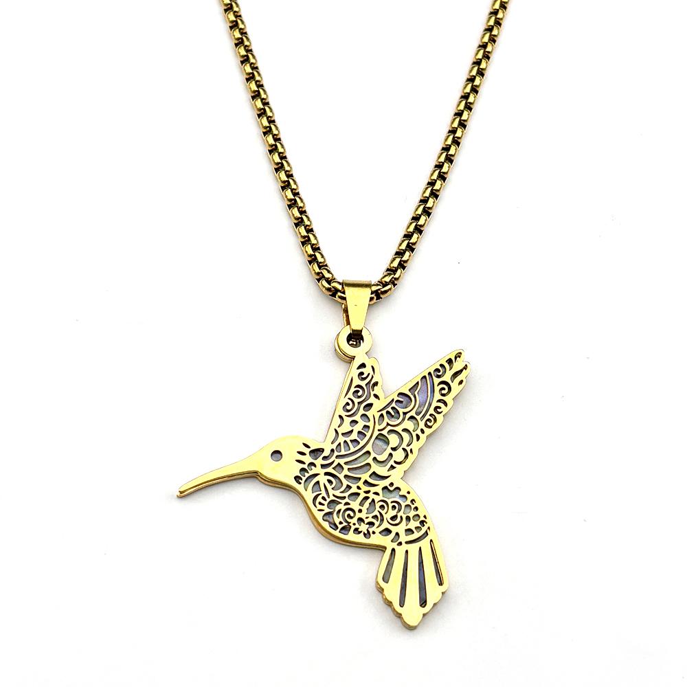Hollow Hummingbird Imitation Abalone Shell Pendant Necklaces for Women Men Stainless Steel Gold Silver Color Bird Chain Jewelry
