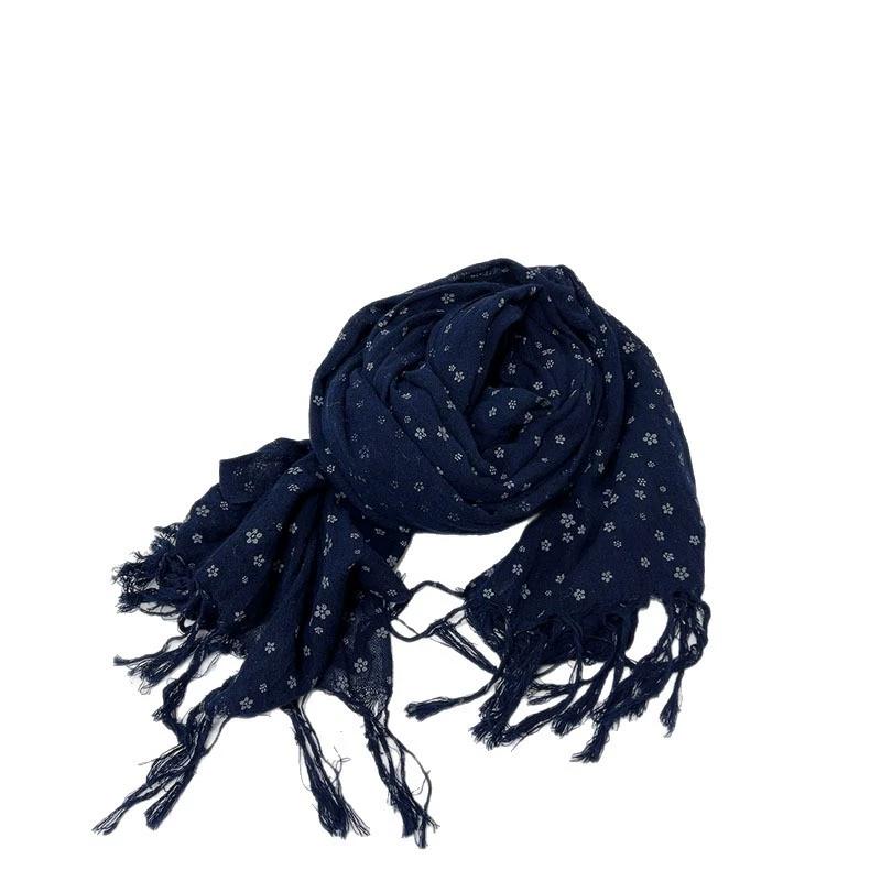 Vintage Dark Blue Floral Printed Cotton Linen Scarf Thin Breathable Versatile Neckerchife for Women