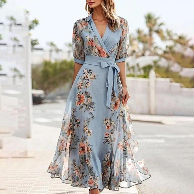 Abito Maxi Azzurro Chiaro con Stampa Floreale, Scollo a V, Maniche a Bolle, Cintura in Vita, Abito Estivo da Vacanza